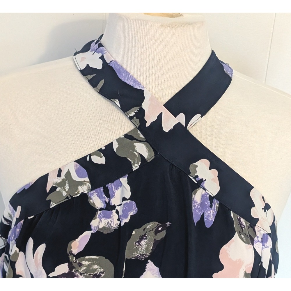 WHBM Floral Halter Blouse Keyhole Neck Banded Hem L Feminine Boho Office Blouson - Picture 4 of 13